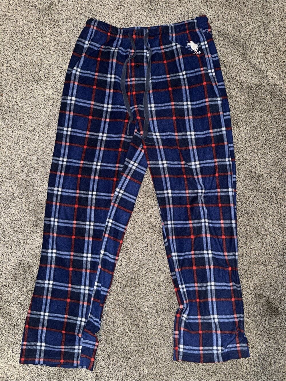 U.S. Polo Assn Sleepwear USPA Polo Logo Fleece Pants Mens L Plaid Blue Red